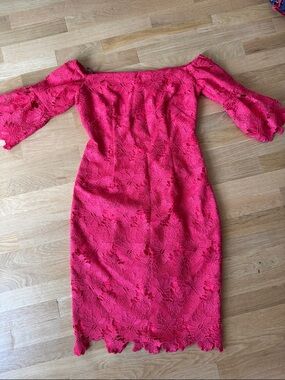 Vince Camuto Hot Pink Off-the-Shoulder Lace Sheath Dress